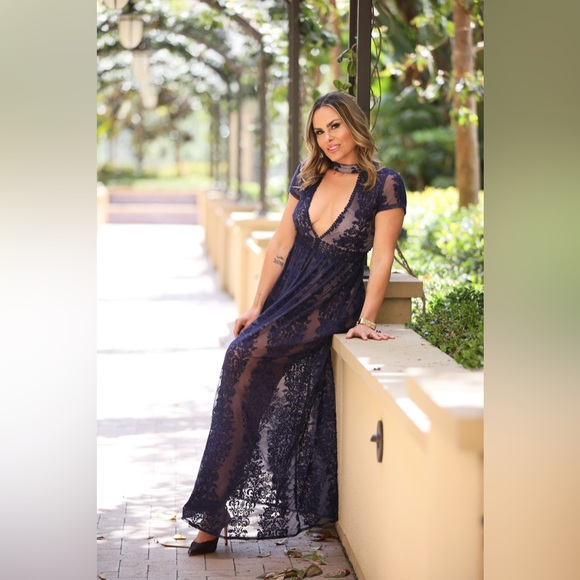 Navy Lace Dress, Open Back with button closure around neck, nude body suit - Picture 4 of 4